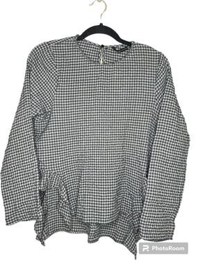 Zara Gingham Long Sleeve Grey Black Gingham Print Ruffle Hi Lo Blouse Size XS